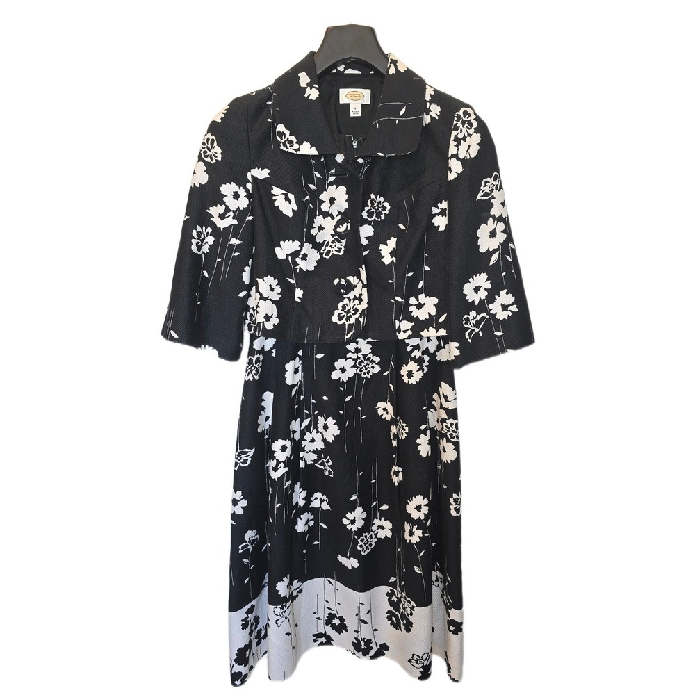 Talbots Womens black White Floral‎ Pique Dress and Cropped Jacket Set Size 6